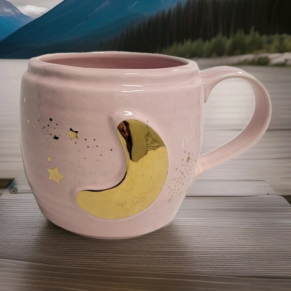 Celestial Collection Starlight PINK‎ Ceramic Mug Gold Crescent Moon Stars 23oz